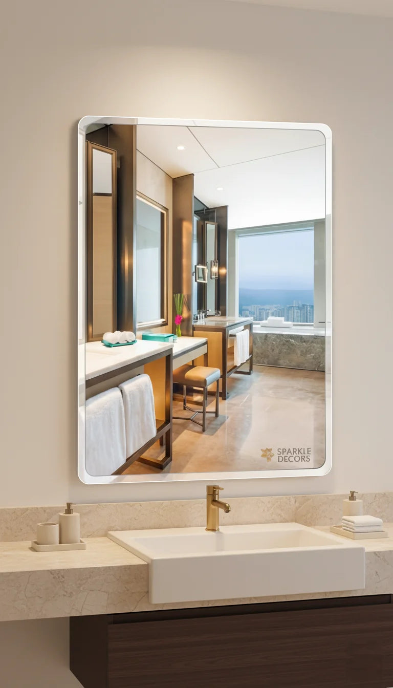 Sparkle Decors Frameless Rectangular Wall Mirror with Rounded Corners – Elegant Modern Bathroom & Home Decor (60x45cm)