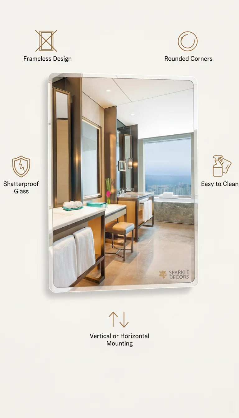 Sparkle Decors Frameless Rectangular Wall Mirror with Rounded Corners – Elegant Modern Bathroom & Home Decor (60x45cm)