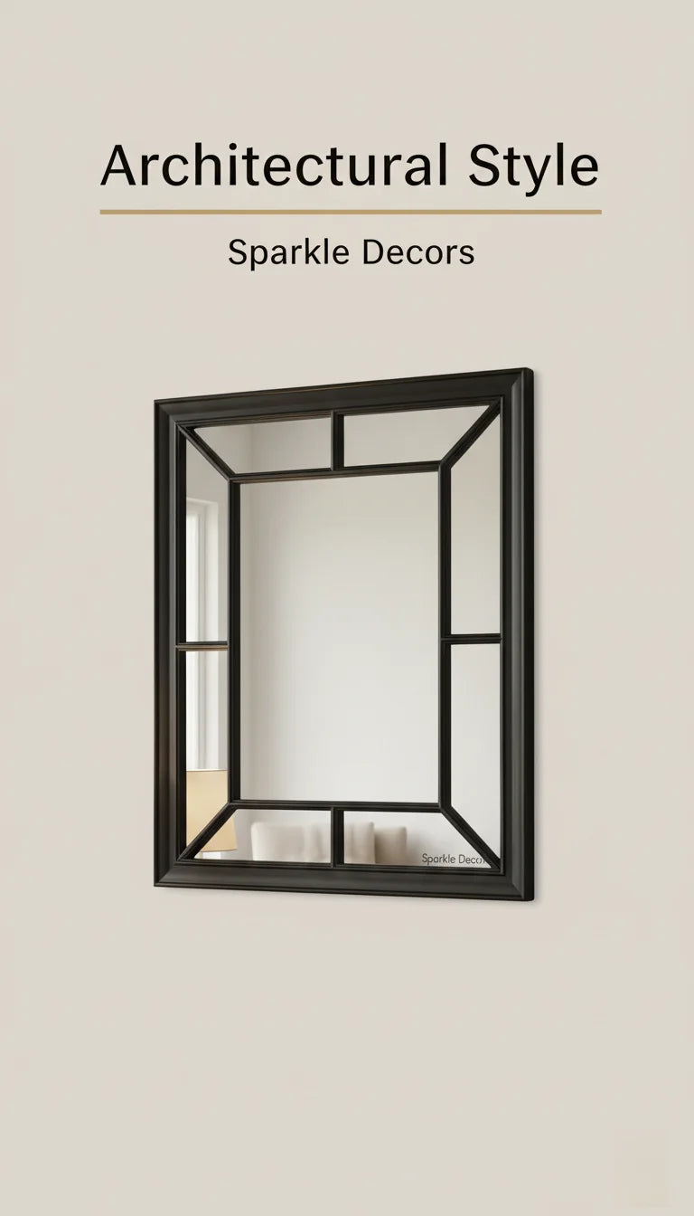 Sparkle Decors Large Window-Style Rectangular Wall Mirror 76x60cm – Antique Window Frame Look (Black)