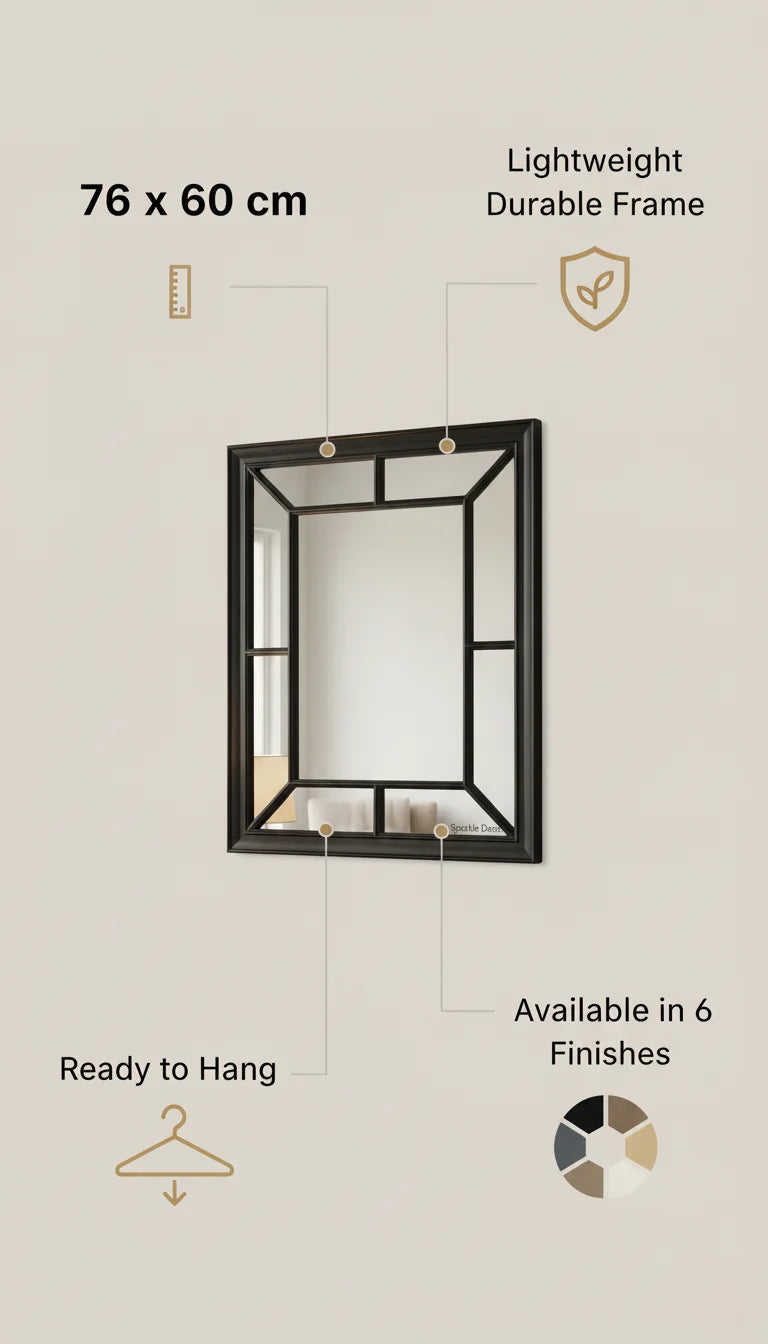 Sparkle Decors Large Window-Style Rectangular Wall Mirror 76x60cm – Antique Window Frame Look (Black)