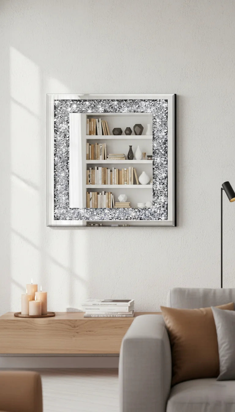 Sparkle Decors 60x60cm Silver Diamond Crush Wall Mirror – Luxury Frameless Decorative Mirror for Living Room & Hallway