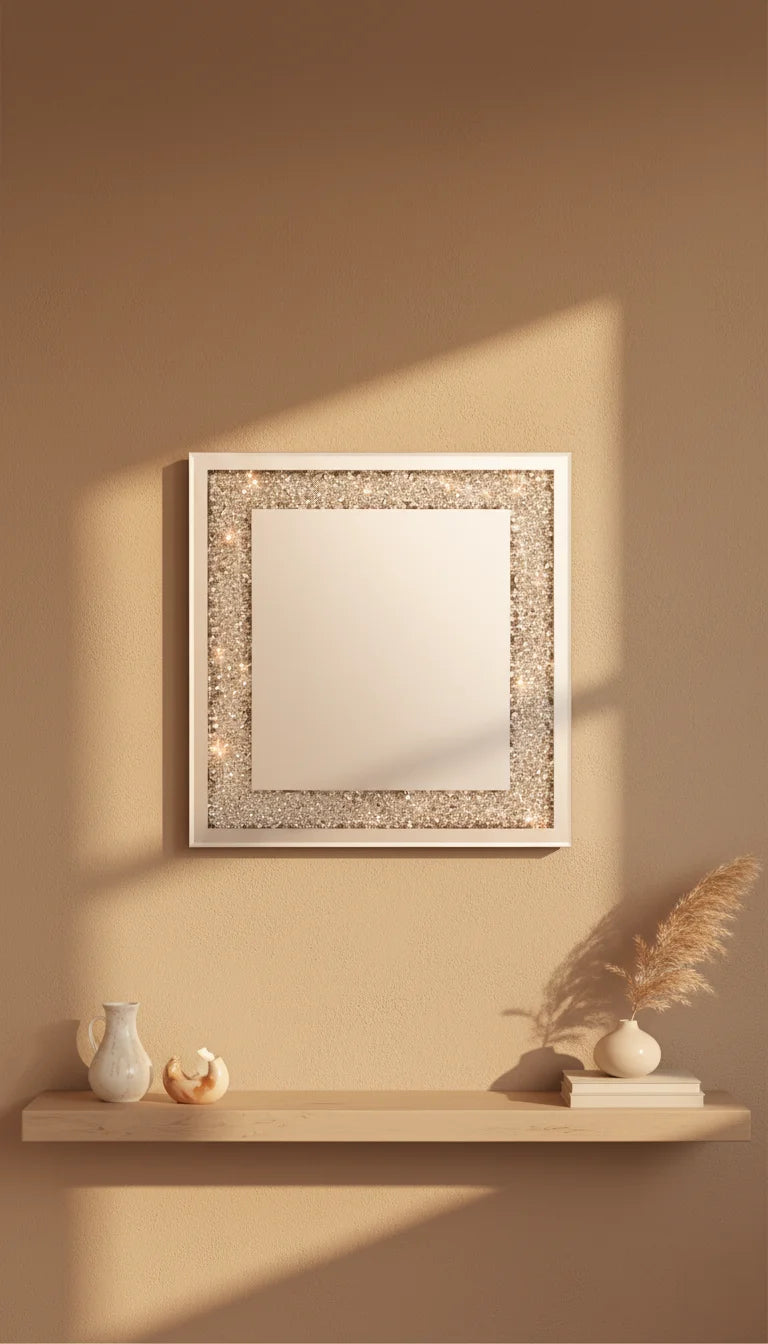 Sparkle Decors 60x60cm Silver Diamond Crush Wall Mirror – Luxury Frameless Decorative Mirror for Living Room & Hallway