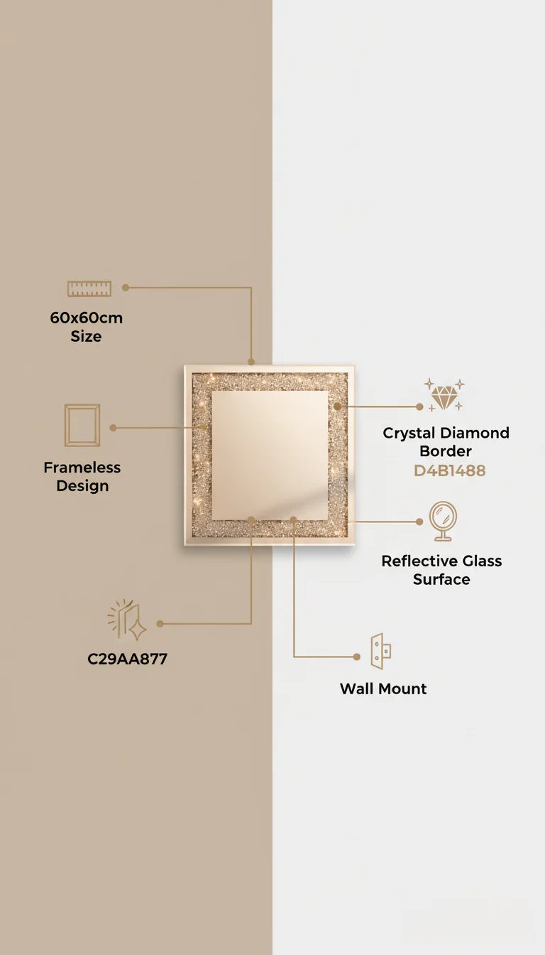 Sparkle Decors 60x60cm Silver Diamond Crush Wall Mirror – Luxury Frameless Decorative Mirror for Living Room & Hallway