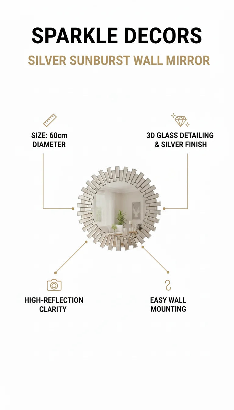 Sparkle Decors 3D Sunburst Round Wall Mirror – Silver Glass Decorative Mirror for Living Room & Bathroom (60cm)