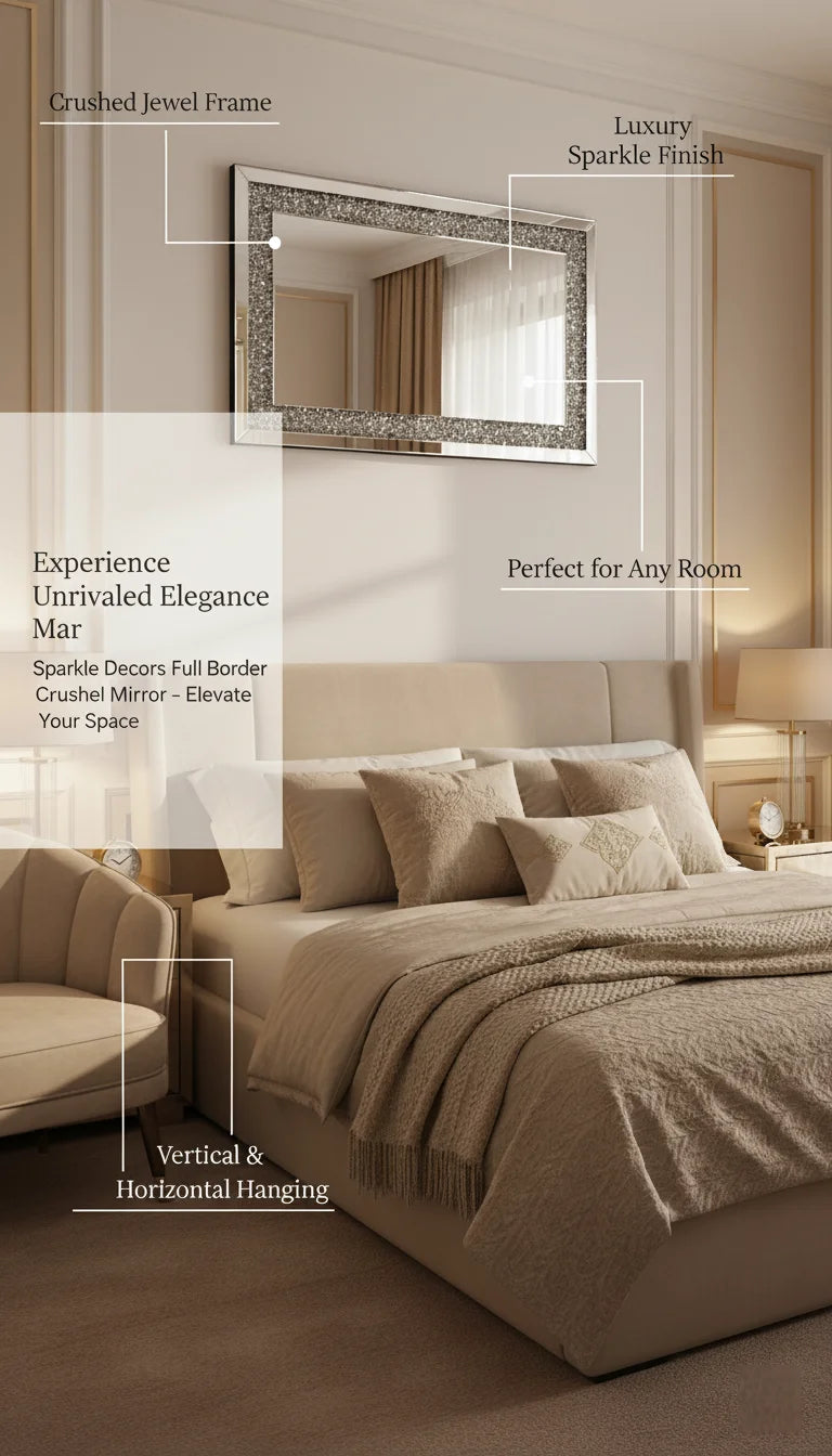 Sparkle Decors Full Border Crushed Jewel Wall Mirror – Elegant Rectangular Diamante Design for Bedroom, Living Room & Bathroom (60x90cm)