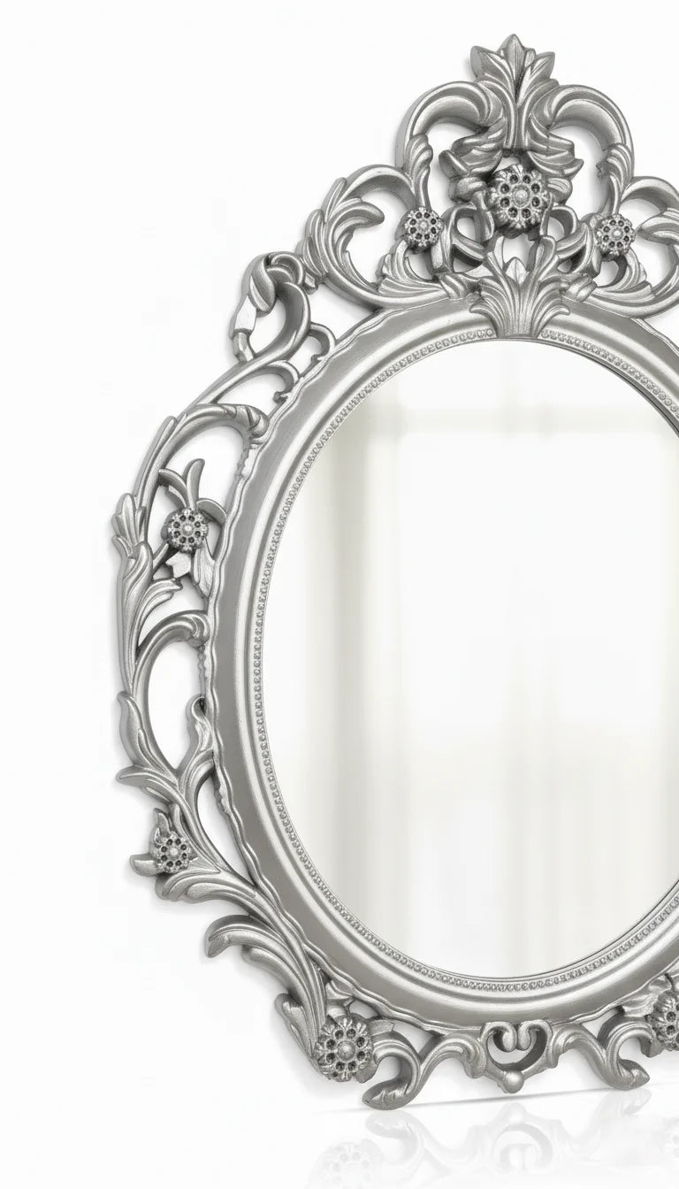 Sparkle Decors Silver Baroque Wall Mirror 62x49cm – Elegant Vintage Oval Mirror for Hallway, Bedroom & Bathroom