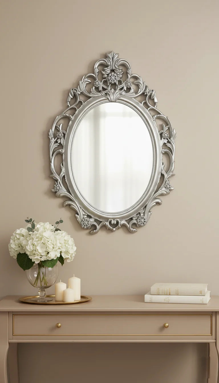 Sparkle Decors Silver Baroque Wall Mirror 62x49cm – Elegant Vintage Oval Mirror for Hallway, Bedroom & Bathroom