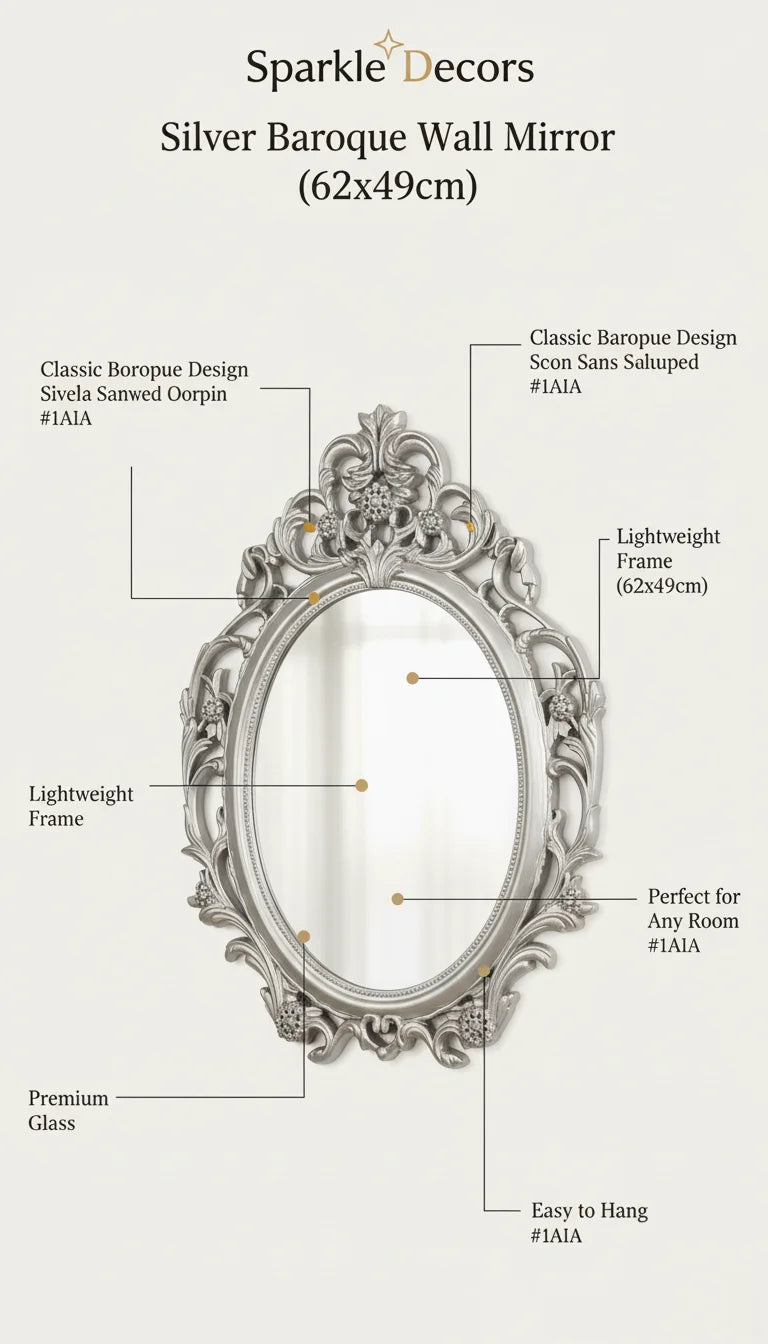 Sparkle Decors Silver Baroque Wall Mirror 62x49cm – Elegant Vintage Oval Mirror for Hallway, Bedroom & Bathroom