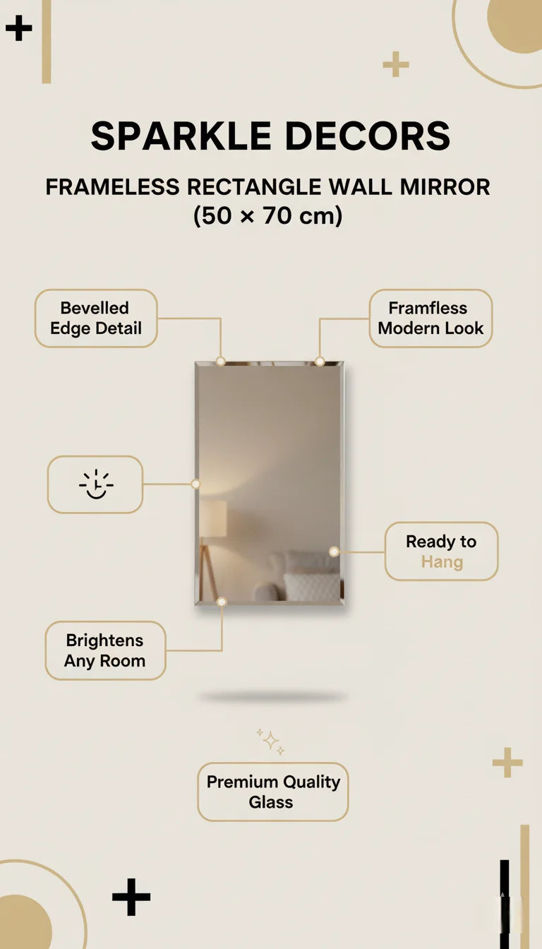 Sparkle Decors Frameless Rectangle Wall Mirror 50x70 cm – Modern Bevelled Edge Bathroom & Living Room Mirror