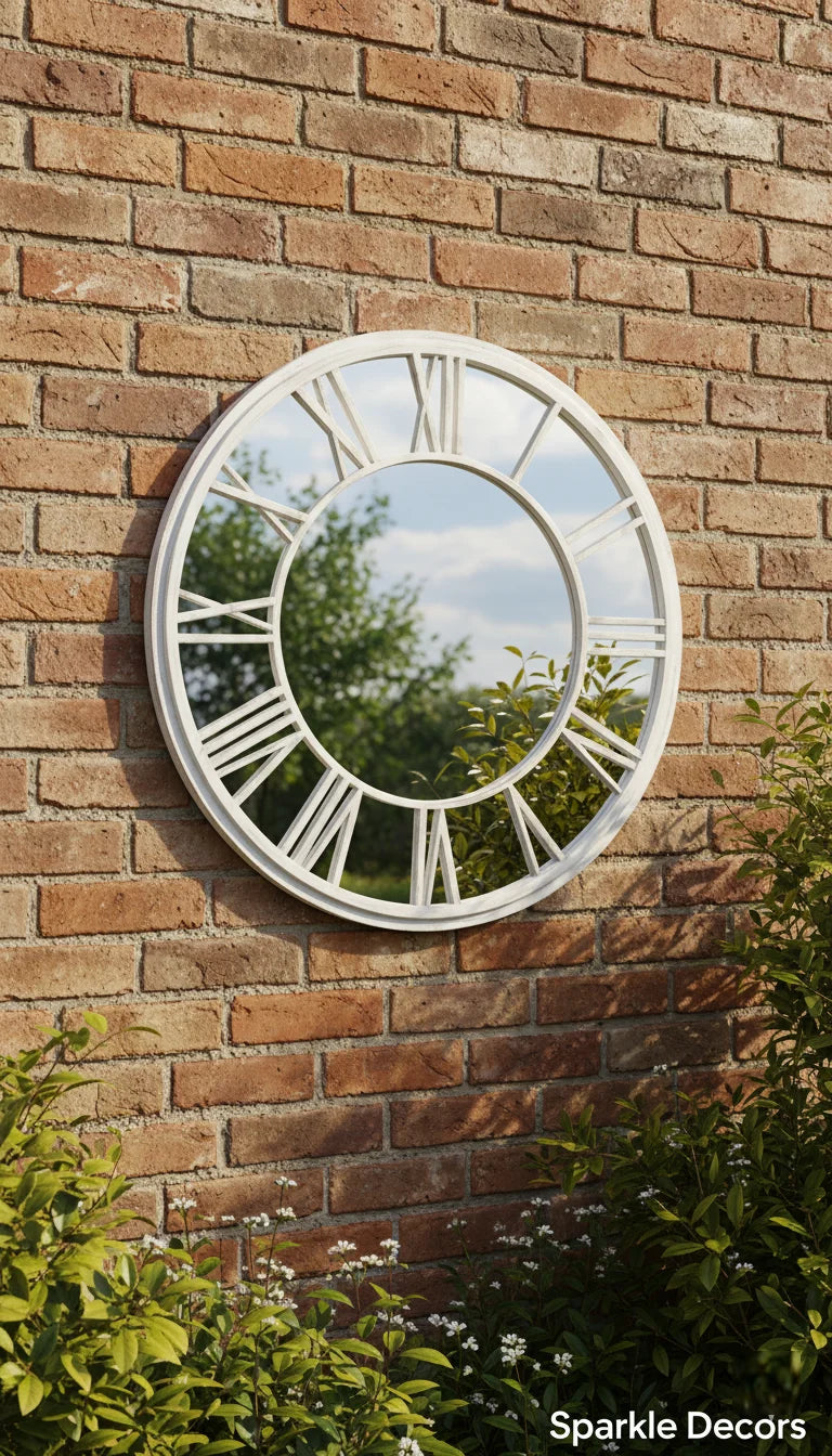 Sparkle Decors White Brushed Grey Round Roman Numeral Wall Mirror 80cm – Indoor & Outdoor Garden Clock Style Decorative Mirror