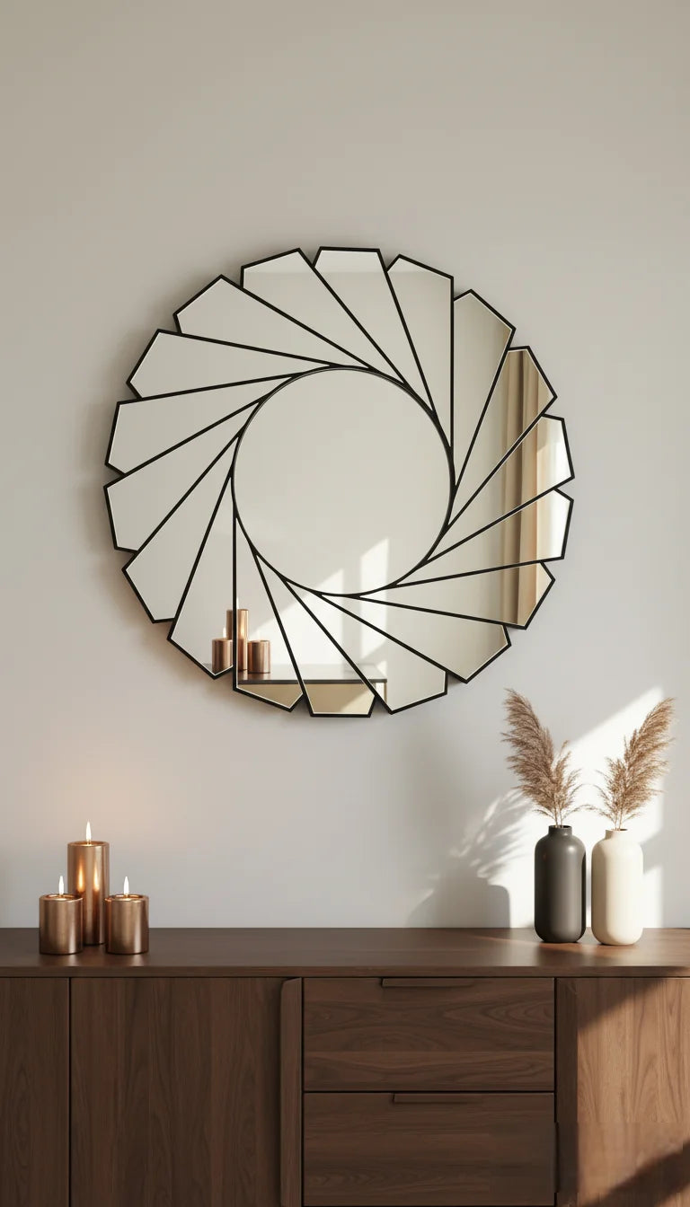 Sparkle Decors Black Swirl Art Deco Round Wall Mirror 61 cm – Modern Glass Frame Home Decor Accent Mirror