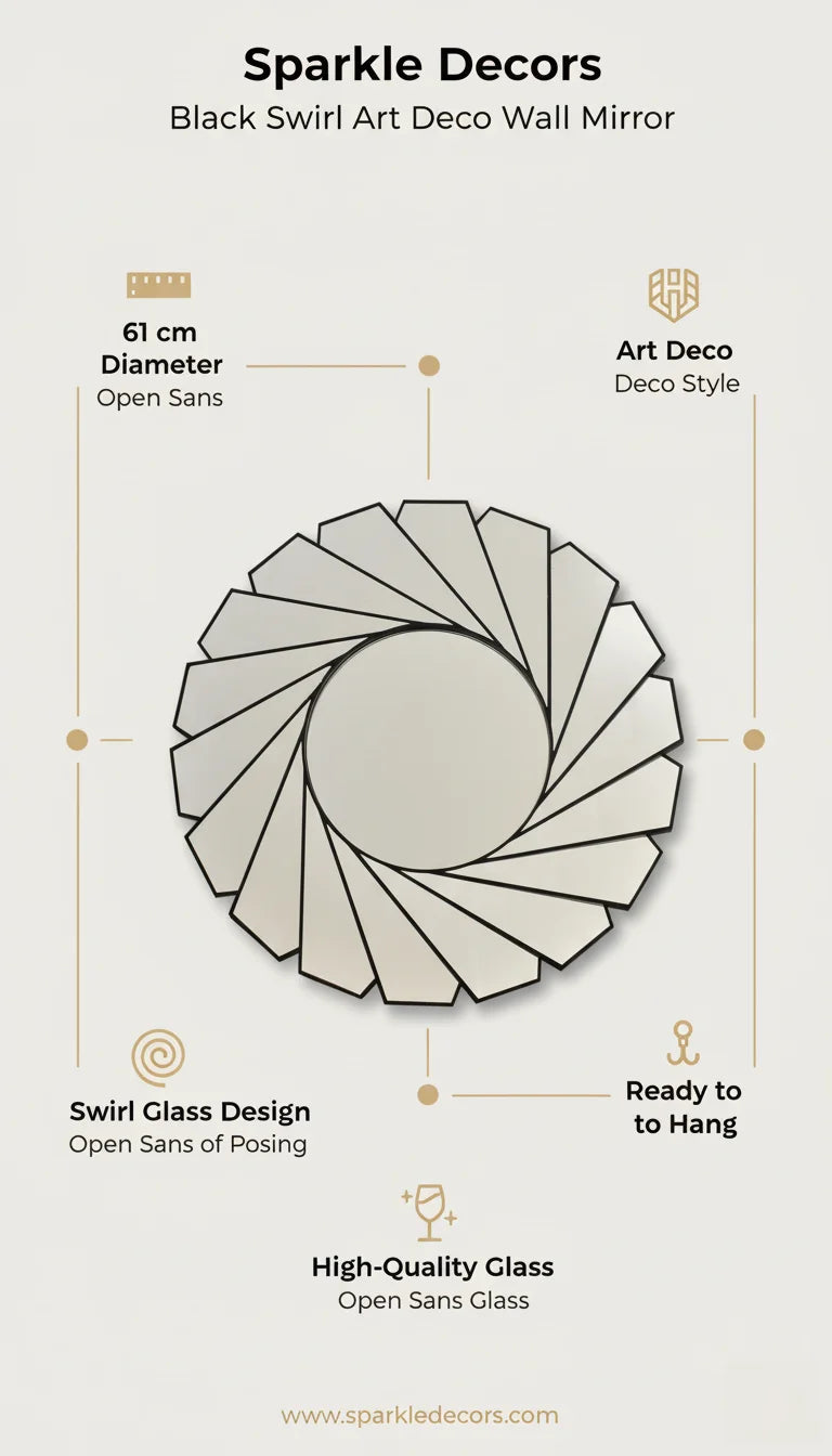Sparkle Decors Black Swirl Art Deco Round Wall Mirror 61 cm – Modern Glass Frame Home Decor Accent Mirror