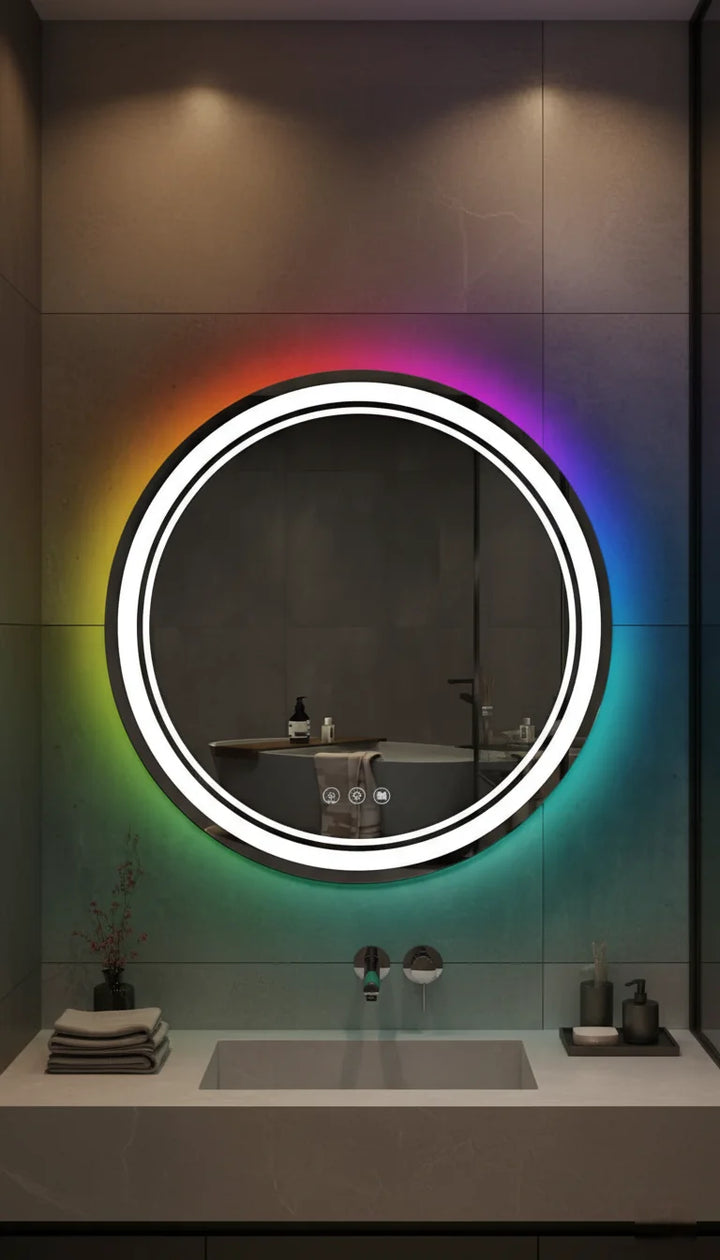 Sparkle Decors 60x60cm Dual LED Round Bathroom Mirror with Multi-Color Lighting, Touch Control & Anti-Fog Pad