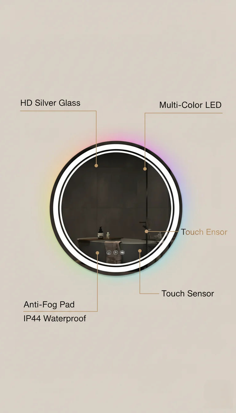 Sparkle Decors 60x60cm Dual LED Round Bathroom Mirror with Multi-Color Lighting, Touch Control & Anti-Fog Pad