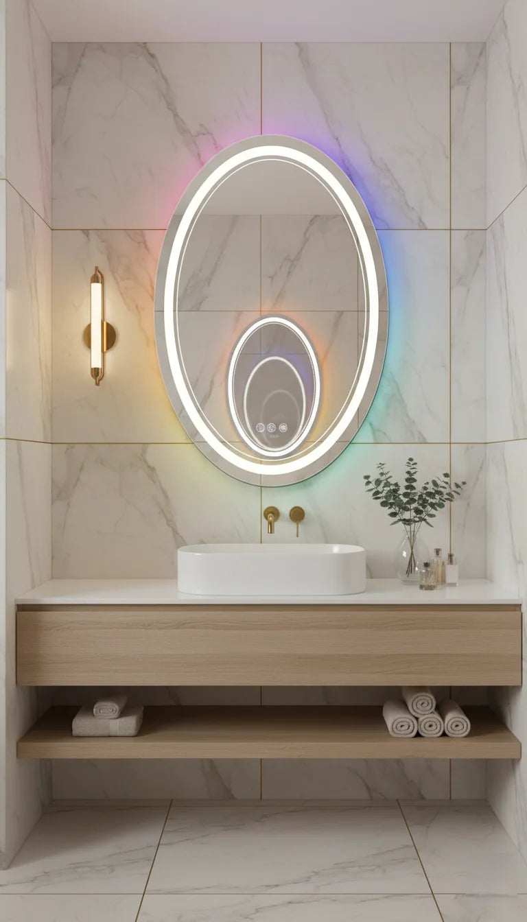 Sparkle Decors 70x50cm Dual LED Oval Lighted Bathroom Mirror | Multi-Color Backlit, Touch Sensor & Anti-Fog Pad