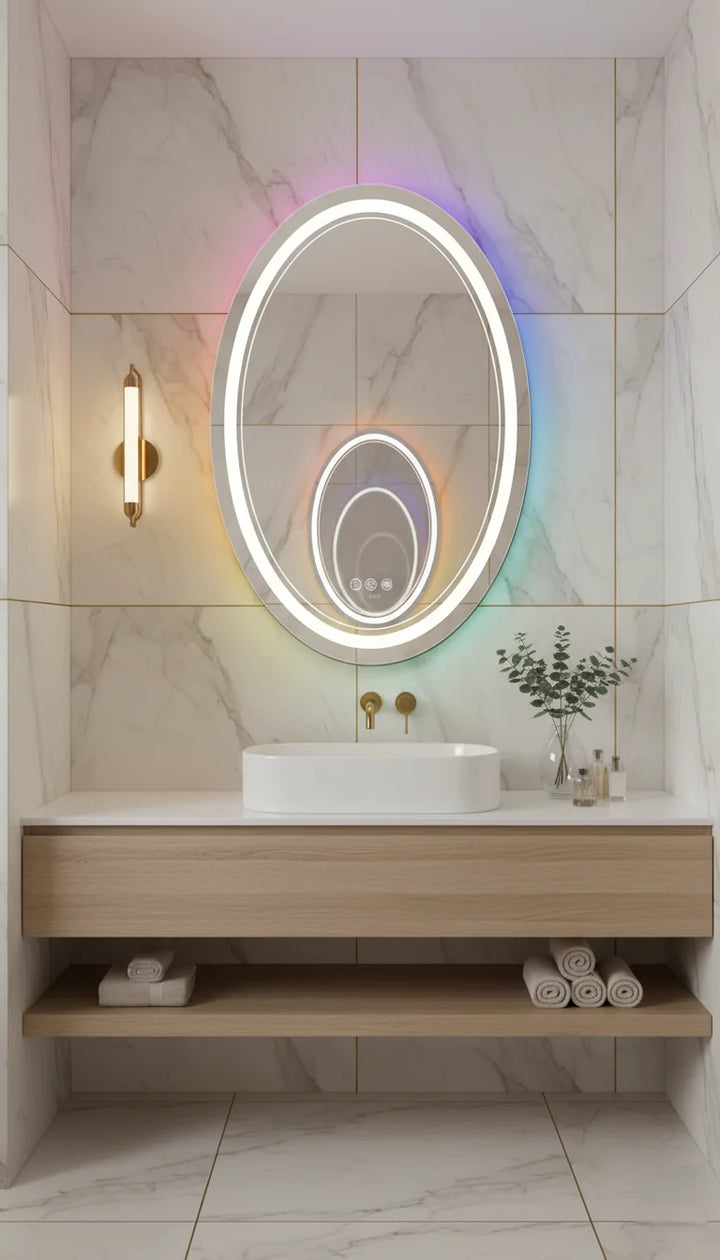 Sparkle Decors 70x50cm Dual LED Oval Lighted Bathroom Mirror | Multi-Color Backlit, Touch Sensor & Anti-Fog Pad