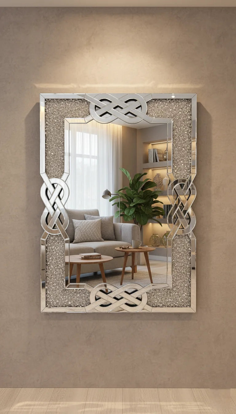Sparkle Decors Celtic Cross Diamond Crush Wall Mirror – Silver Glitz Rectangular Mirror for Living Room & Bedroom (100x70cm)