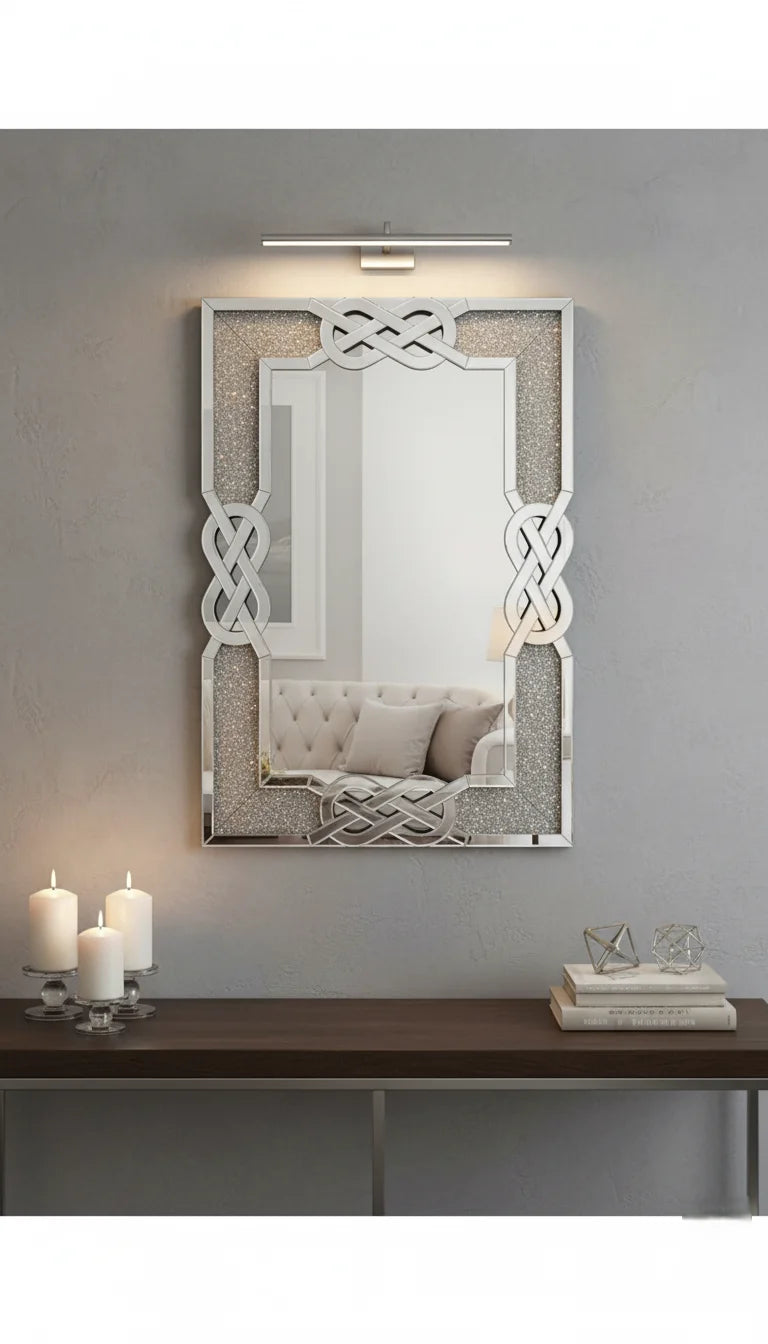 Sparkle Decors Celtic Cross Diamond Crush Wall Mirror – Silver Glitz Rectangular Mirror for Living Room & Bedroom (100x70cm)