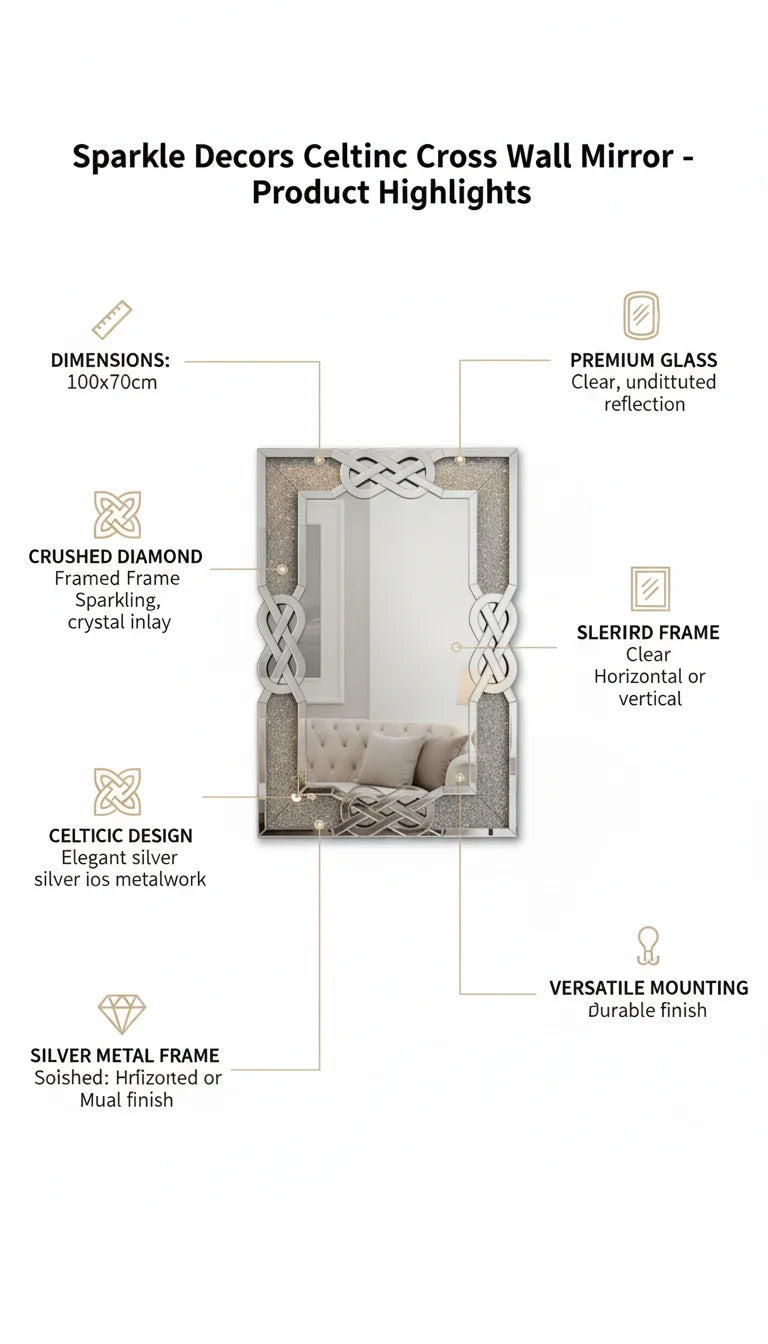 Sparkle Decors Celtic Cross Diamond Crush Wall Mirror – Silver Glitz Rectangular Mirror for Living Room & Bedroom (100x70cm)