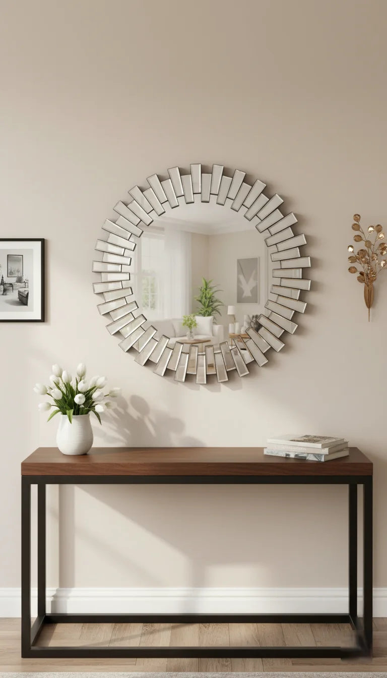 Sparkle Decors 3D Sunburst Round Wall Mirror – Silver Glass Decorative Mirror for Living Room & Bathroom (60cm)