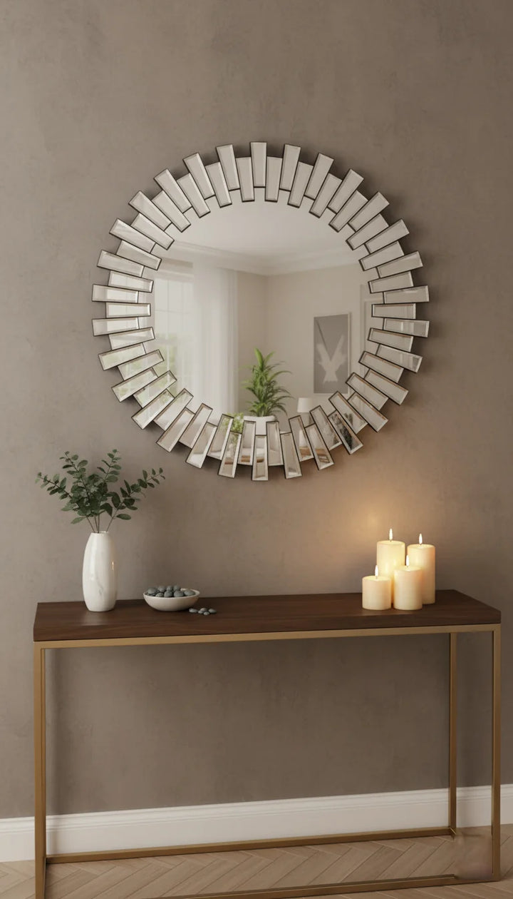 Sparkle Decors 3D Sunburst Round Wall Mirror – Silver Glass Decorative Mirror for Living Room & Bathroom (60cm)