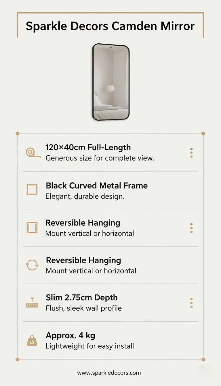 Sparkle Decors Camden Full-Length Black Curved Metal Wall Mirror 120x40cm - Modern Aluminum Frame