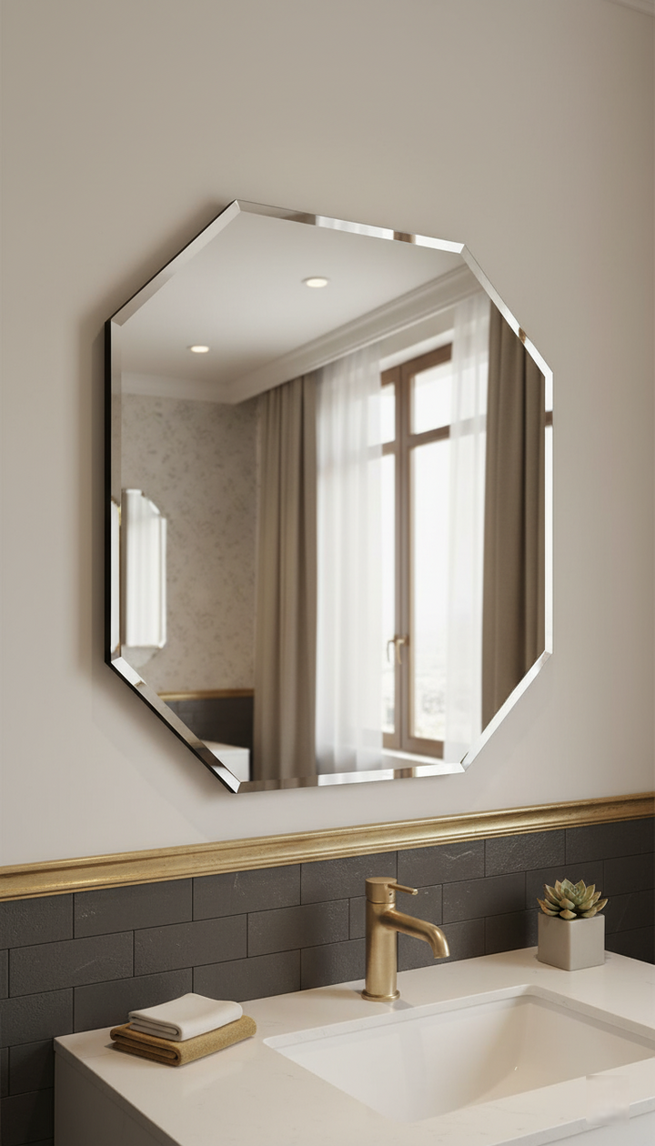 Sparkle Decors 40x50cm Octagonal Wall Mirror – Frameless Modern Bathroom Mirror with Bevelled Edges & Sleek Design