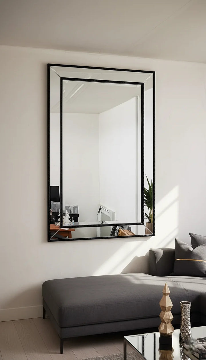 Sparkle Decors 90x60cm Black Beaded Rectangle Wall Mirror – Modern Metal Frame with Hanging Hooks