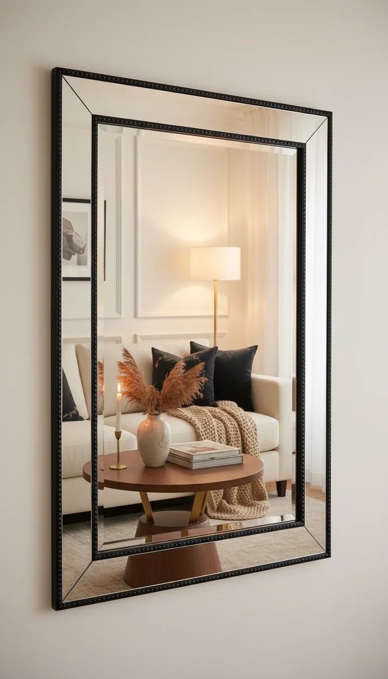 Sparkle Decors 90x60cm Black Beaded Rectangle Wall Mirror – Modern Metal Frame with Hanging Hooks