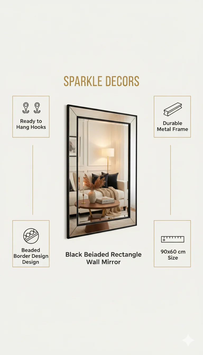 Sparkle Decors 90x60cm Black Beaded Rectangle Wall Mirror – Modern Metal Frame with Hanging Hooks