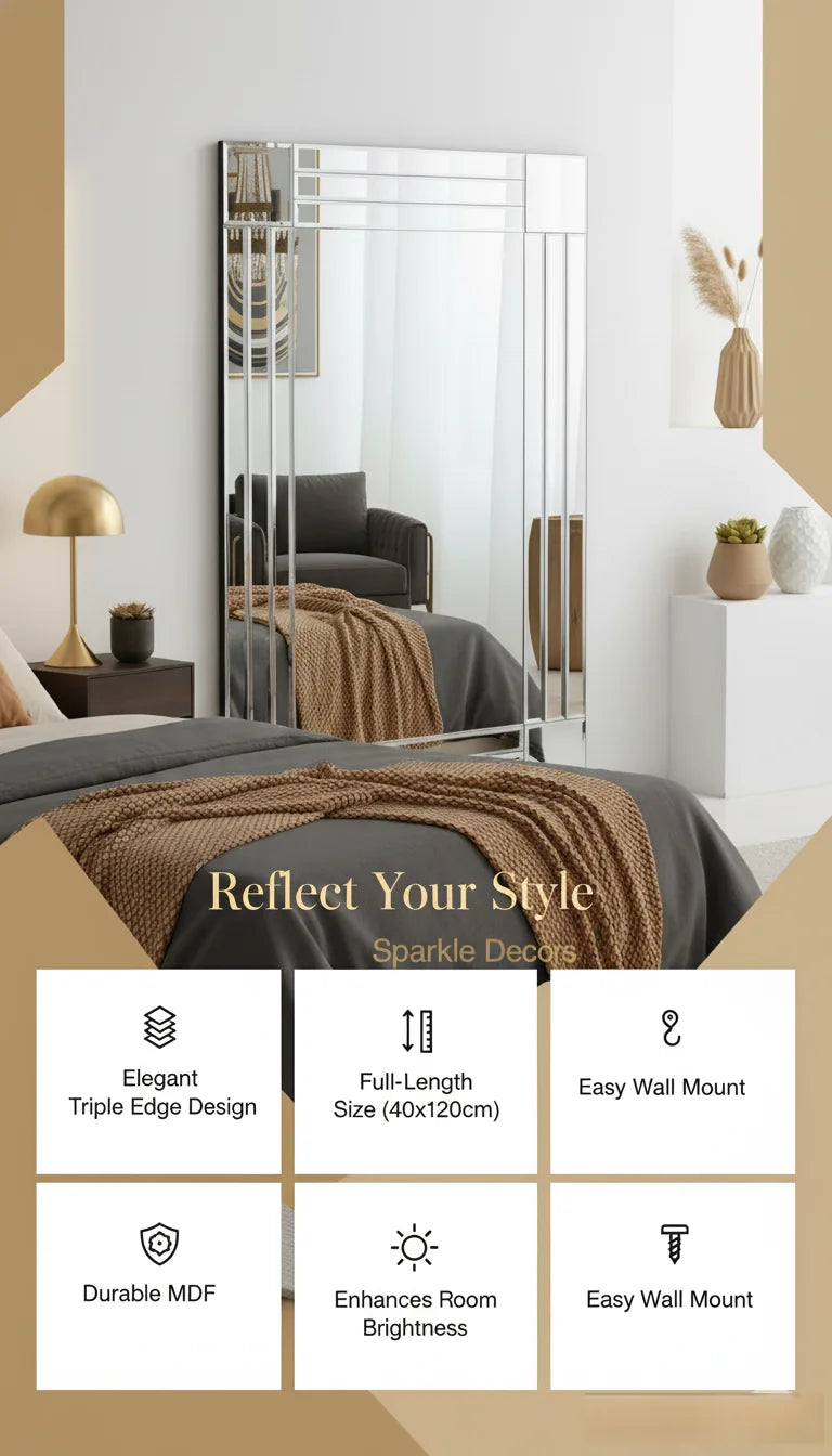 Sparkle Decors Full Length Wall Mirror with Triple Edge Strips, Elegant Silver Frame, MDF Back – Home Décor Mirror (40x120cm)