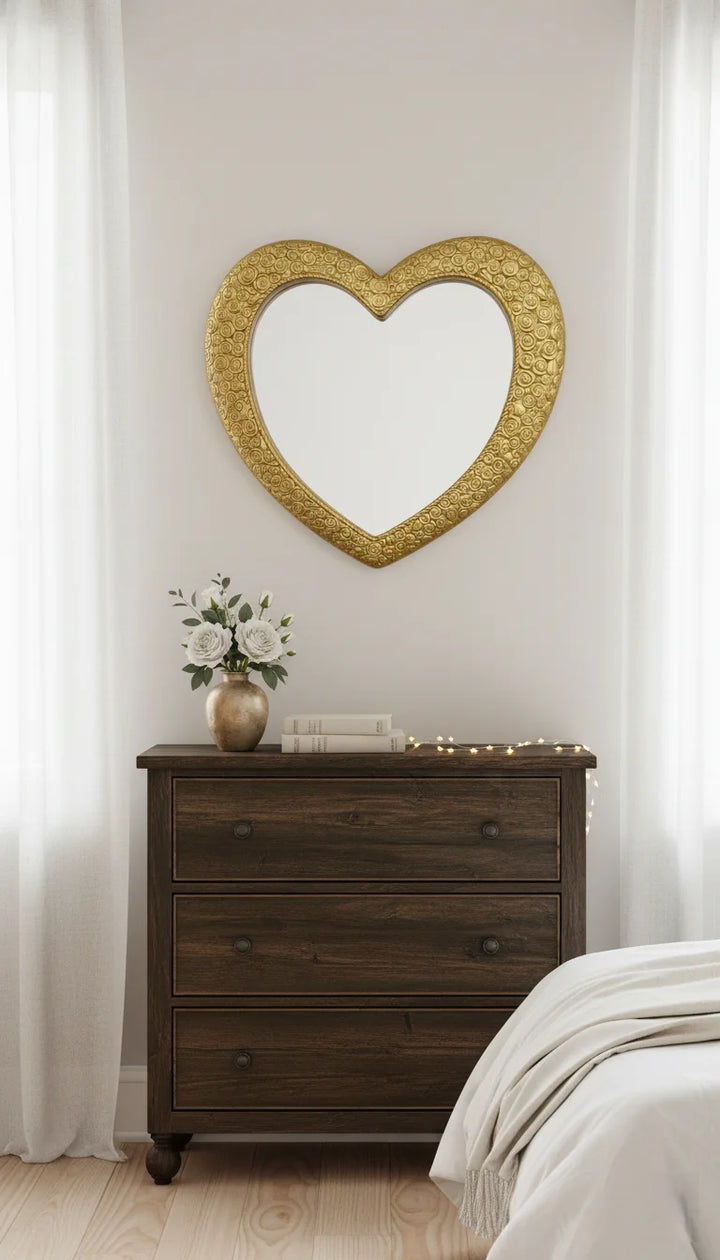 Sparkle Decors Heart Shaped Gold Wall Mirror – 67x58cm Elegant Antique Home Decor Mirror