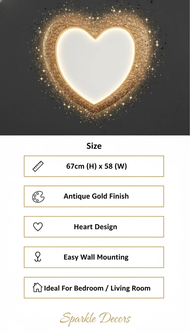 Sparkle Decors Heart Shaped Gold Wall Mirror – 67x58cm Elegant Antique Home Decor Mirror
