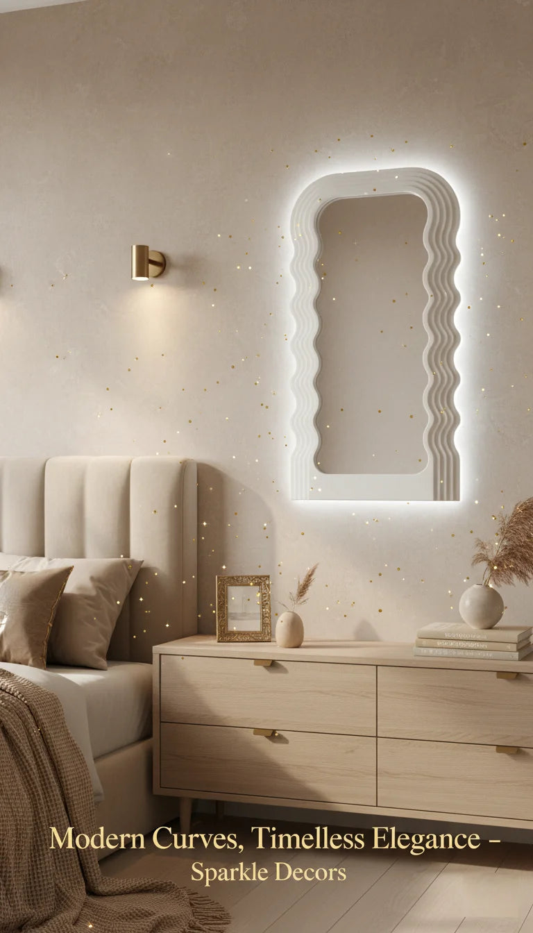 Sparkle Decors Wavy Irregular White Frame Mirror – Modern Wall Mirror for Living Room, Bedroom & Hallway (70x36cm)