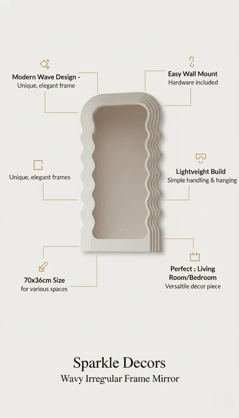 Sparkle Decors Wavy Irregular White Frame Mirror – Modern Wall Mirror for Living Room, Bedroom & Hallway (70x36cm)