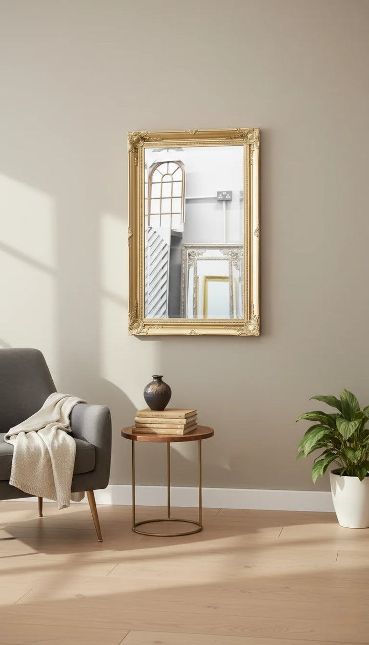 Sparkle Decors 60x90 cm Vintage Gold Ornate Wall Mirror – Deep Wooden Frame, Floral Design for Bedroom, Living Room & Hallway