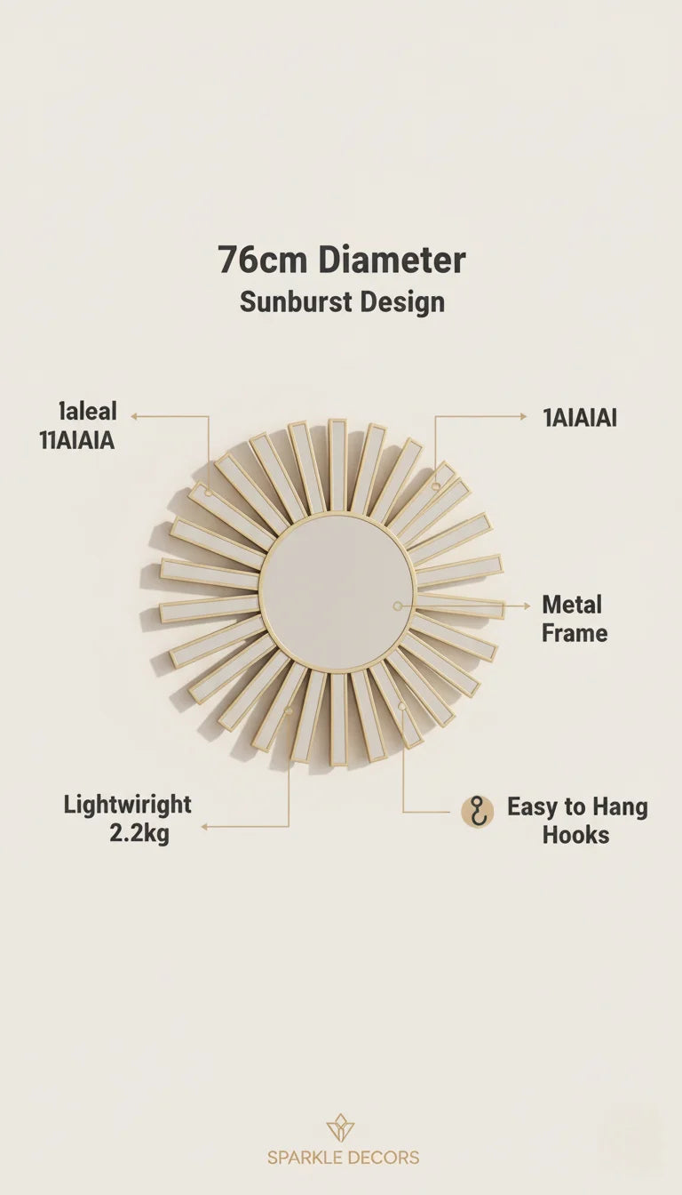Sparkle Decors Apollo Gold Statement Round Wall Mirror – 76cm Modern Sunburst Metal Frame Mirror for Living Room & Bedroom Décor
