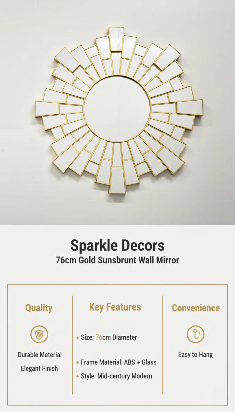 Sparkle Decors Large 76cm Gold Sunburst Wall Mirror – Modern Round Accent Mirror for Living Room & Bedroom Home Décor