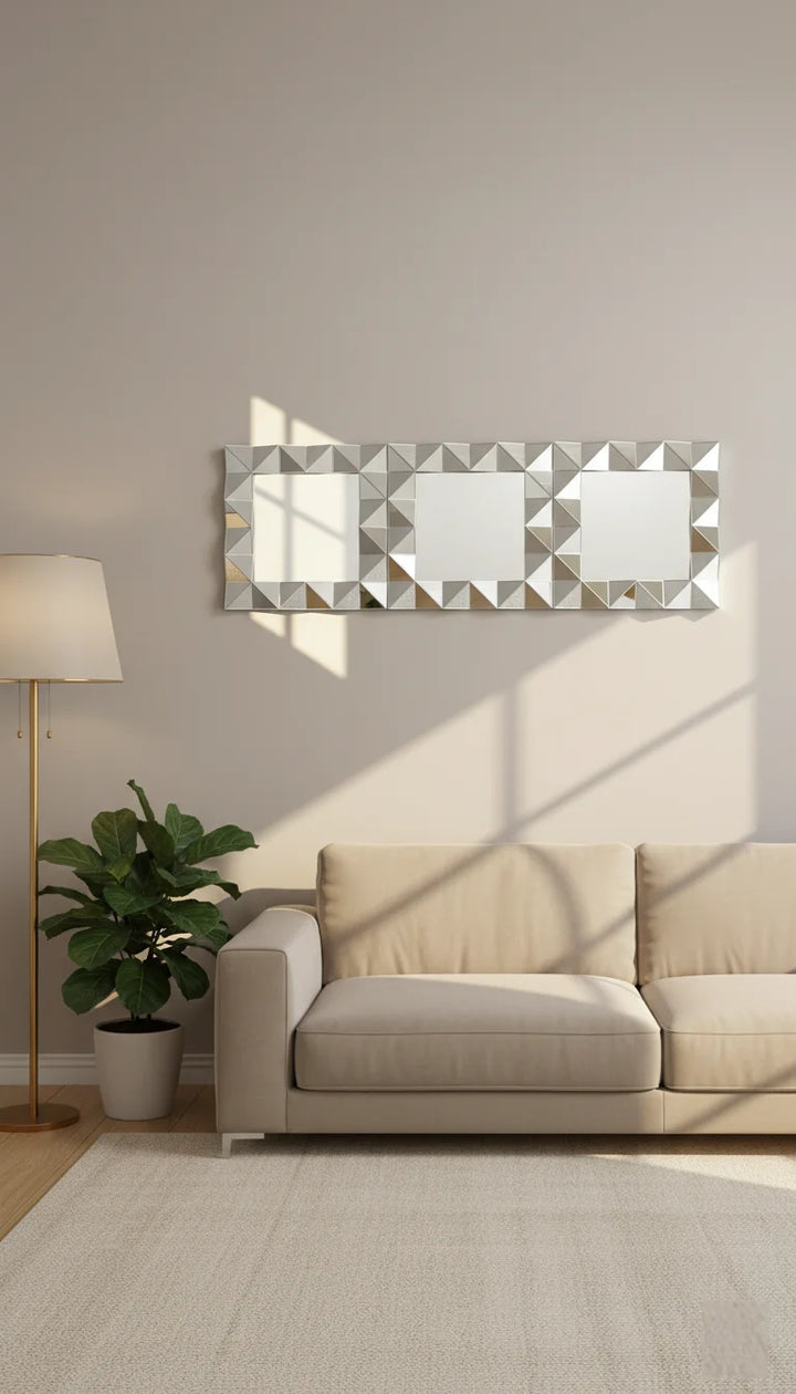 Sparkle Decors Set of 3 Square 3D Decorative Wall Mirrors – 40x40cm Art Deco Silver Home Wall Decor for Living Room, Bedroom & Hallway