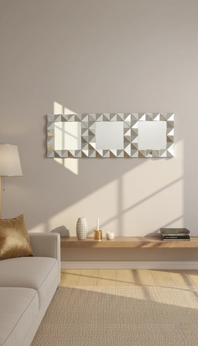 Sparkle Decors Set of 3 Square 3D Decorative Wall Mirrors – 40x40cm Art Deco Silver Home Wall Decor for Living Room, Bedroom & Hallway