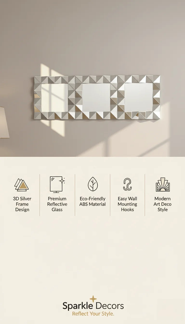 Sparkle Decors Set of 3 Square 3D Decorative Wall Mirrors – 40x40cm Art Deco Silver Home Wall Decor for Living Room, Bedroom & Hallway