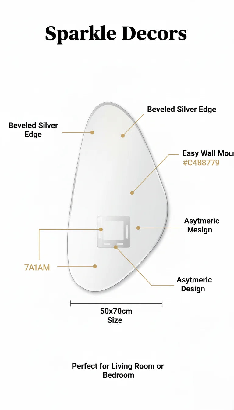 Frameless Asymmetric Wall Mirror – Modern Irregular Beveled Tear Drop Design 50x70cm