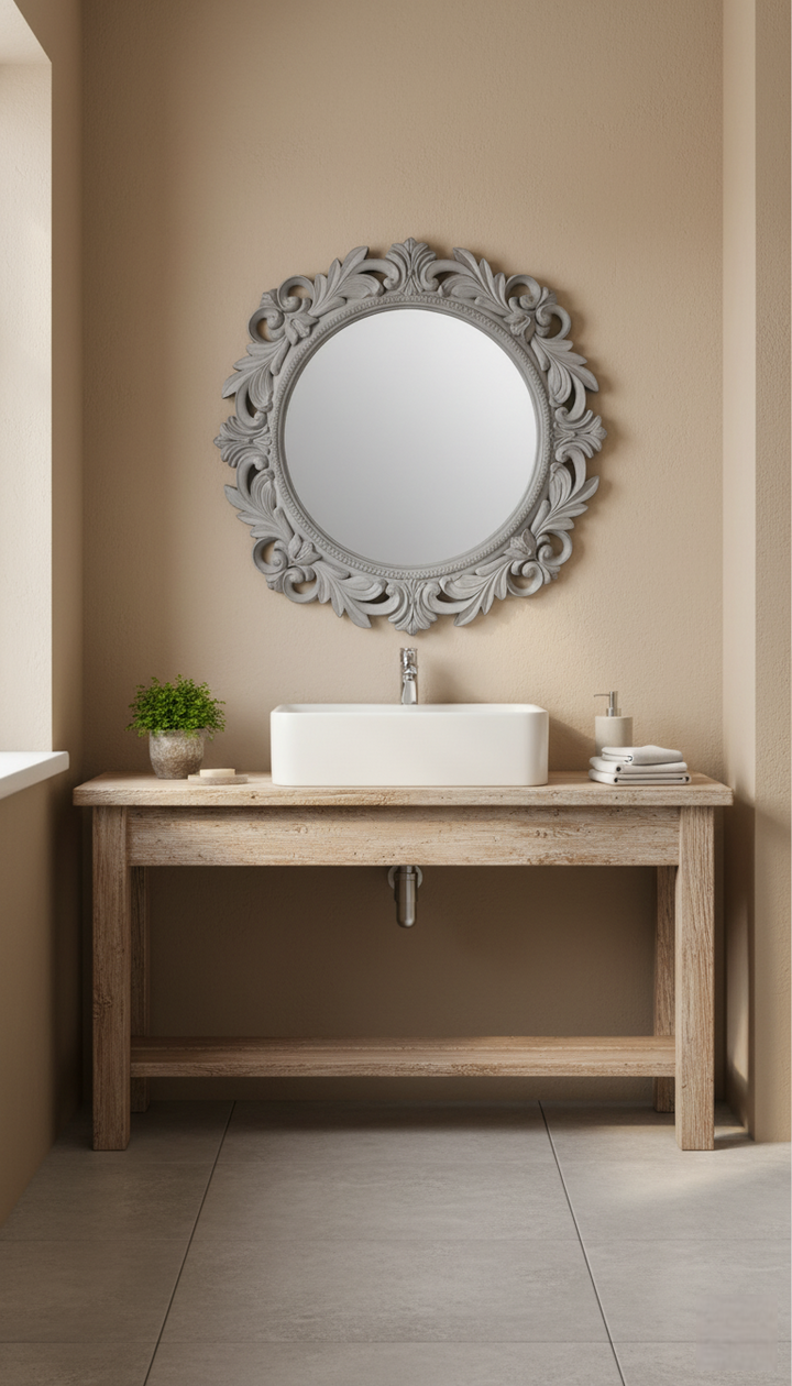 Vintage Grey Filigree Round Wall Mirror – Rustic Hallway & Bathroom Decor 51cm
