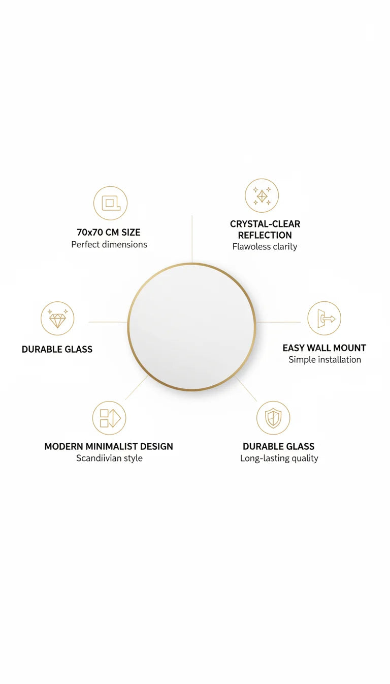 Frameless Round Wall Mirror 70x70 cm – Minimalist Modern Mirror for Bathroom & Living Room