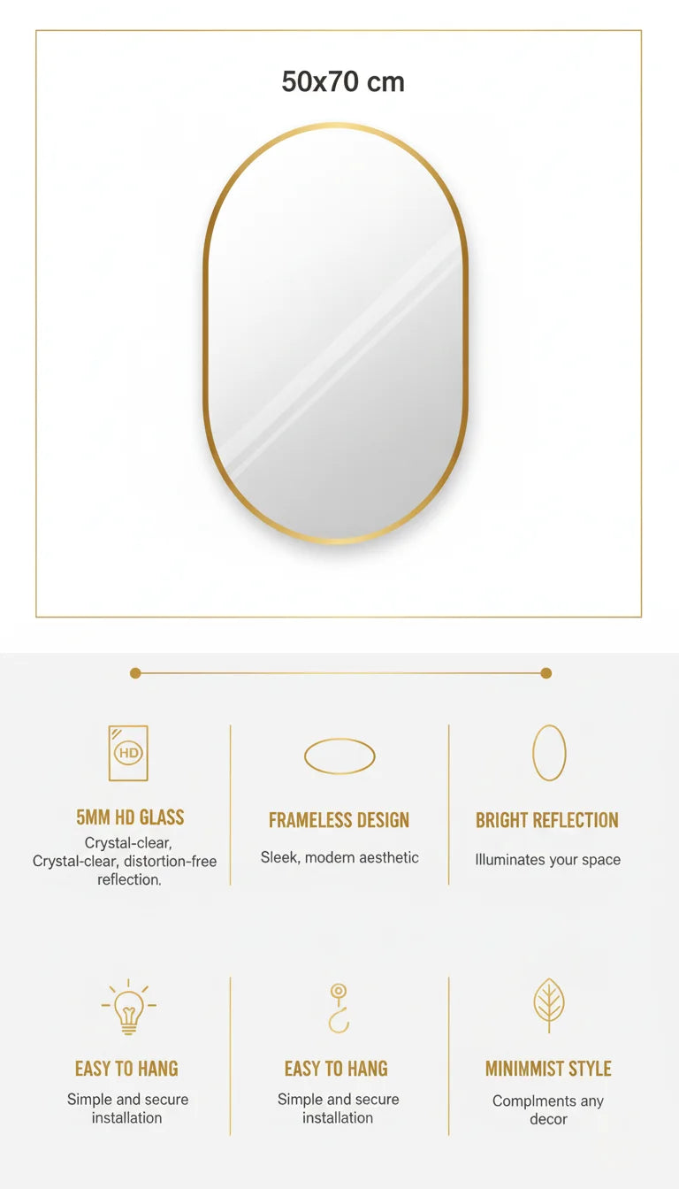 Oval Frameless Wall Mirror 50x70 cm – Minimalist Bathroom & Living Room Mirror