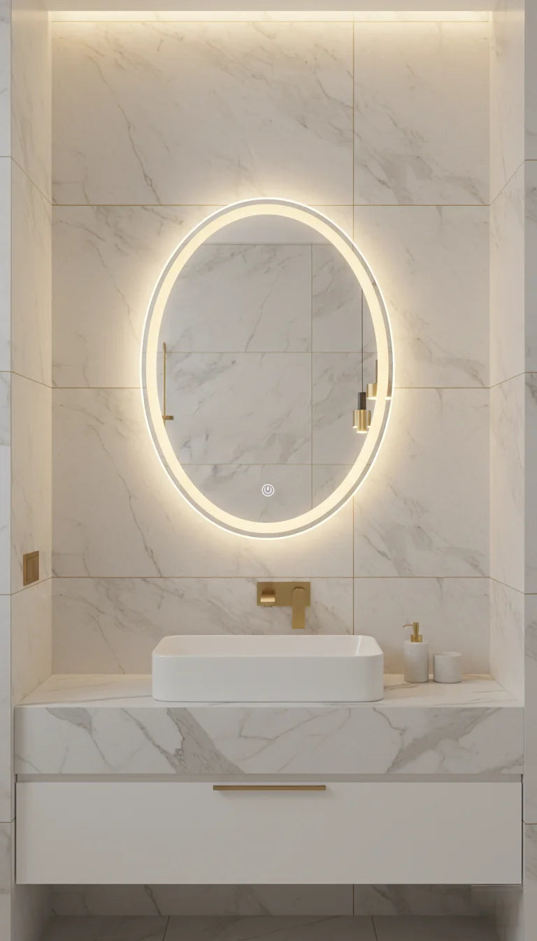 Double LED Oval Lighted Bathroom Wall Mirror – 3 Colour Touch Switch, Anti-Fog & Backlit (70×50 cm)