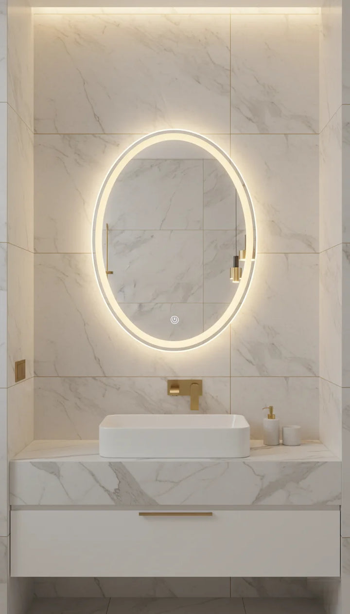 Double LED Oval Lighted Bathroom Wall Mirror – 3 Colour Touch Switch, Anti-Fog & Backlit (70×50 cm)