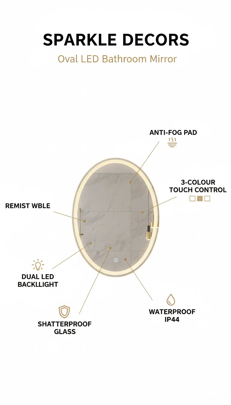 Double LED Oval Lighted Bathroom Wall Mirror – 3 Colour Touch Switch, Anti-Fog & Backlit (70×50 cm)