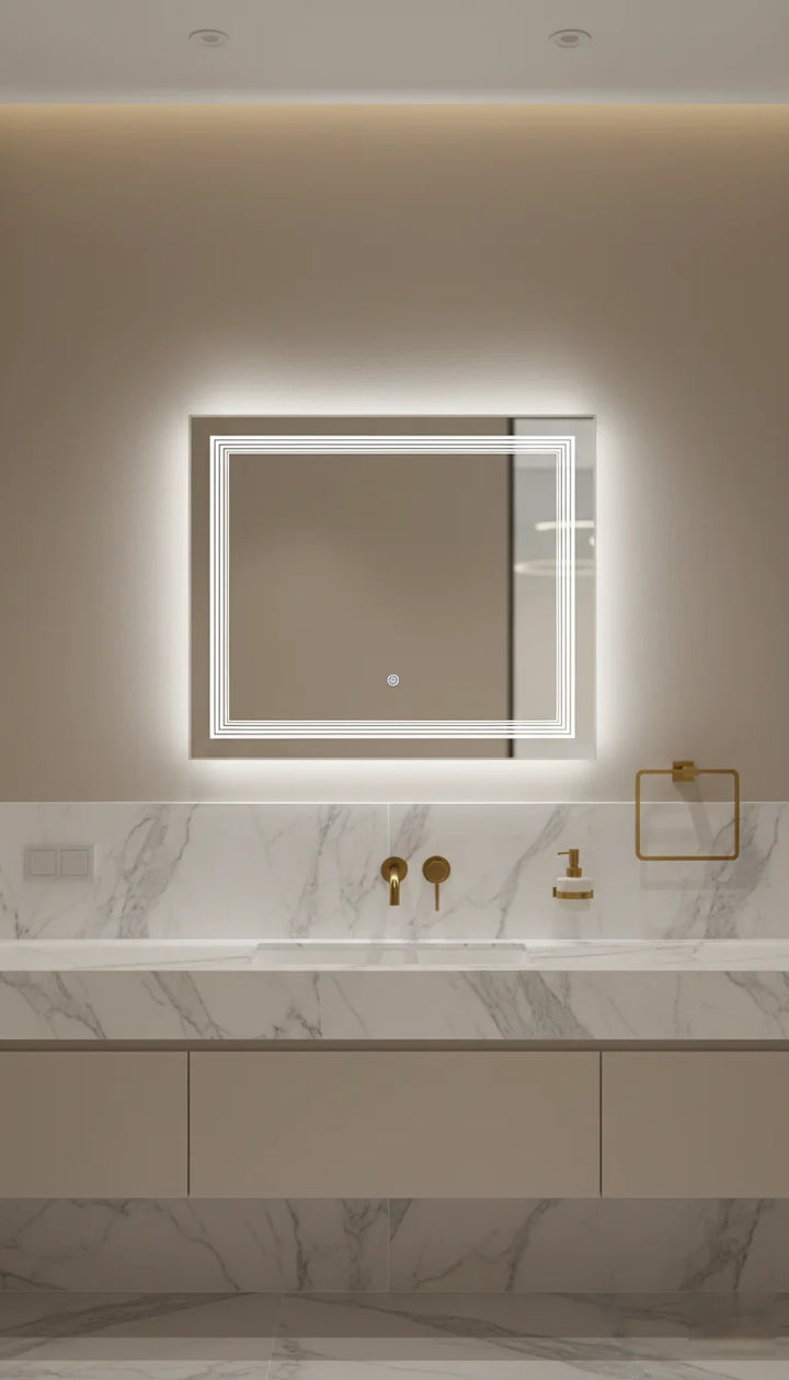 Rectangle LED Lines-Style Bathroom Wall Mirror – Touch Sensor, Anti-Fog & Backlit (70×50 cm)