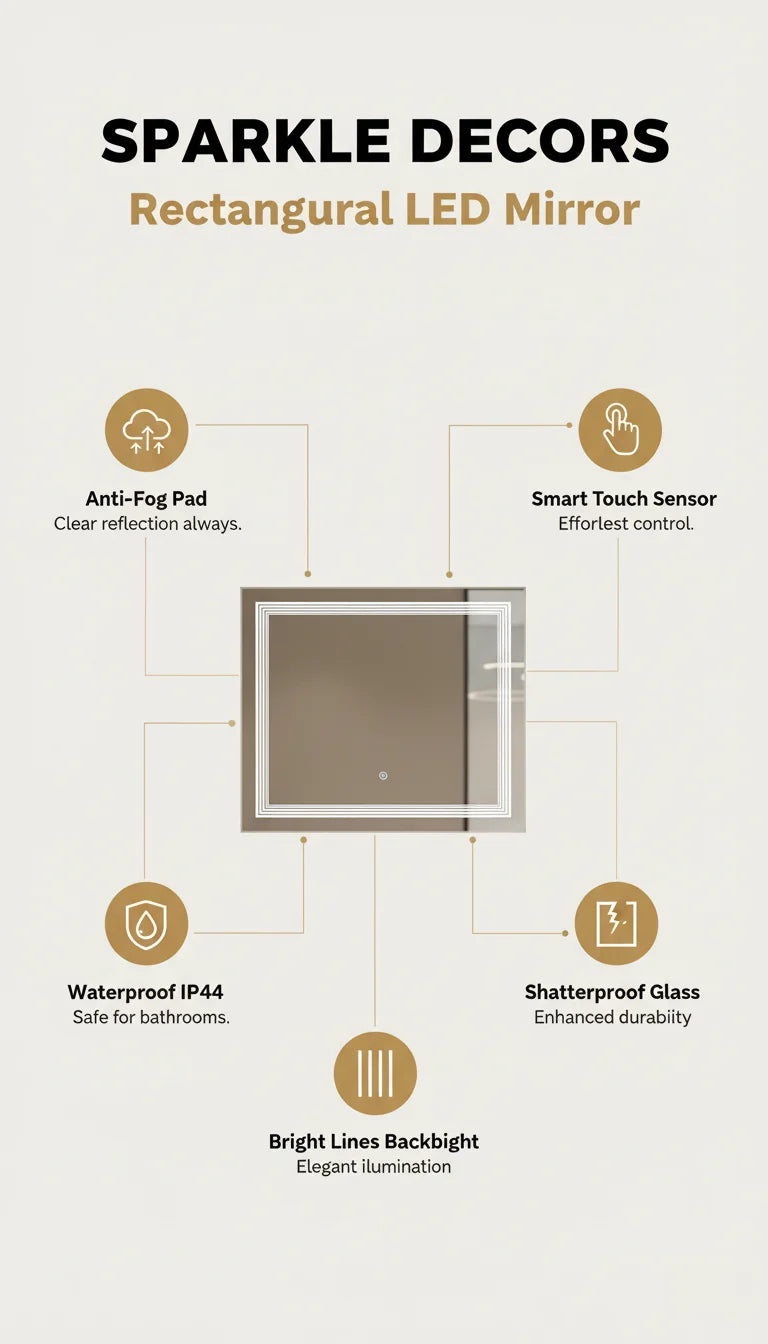 Rectangle LED Lines-Style Bathroom Wall Mirror – Touch Sensor, Anti-Fog & Backlit (70×50 cm)